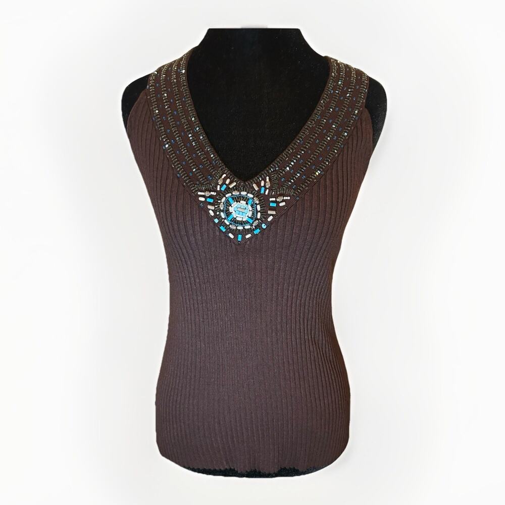 Y2K Brown Tank Beaded Fairycore Top Size Large Grunge 2000s Vintage 90s